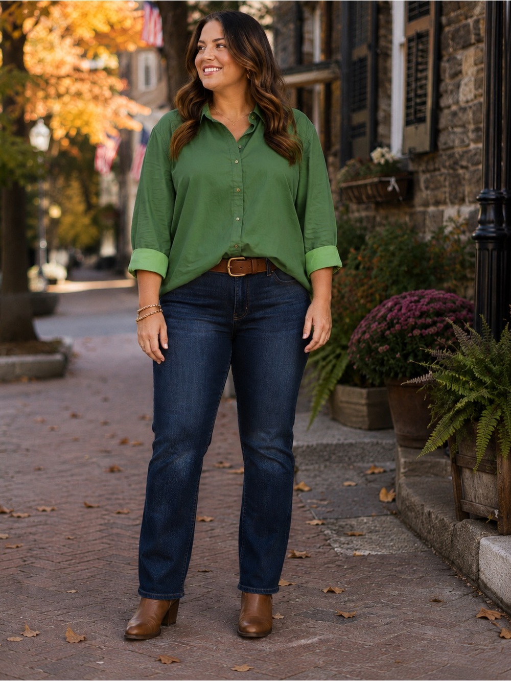 Denim & Co 3X Green Stretch Cotton Button Front Shirt Plus Size